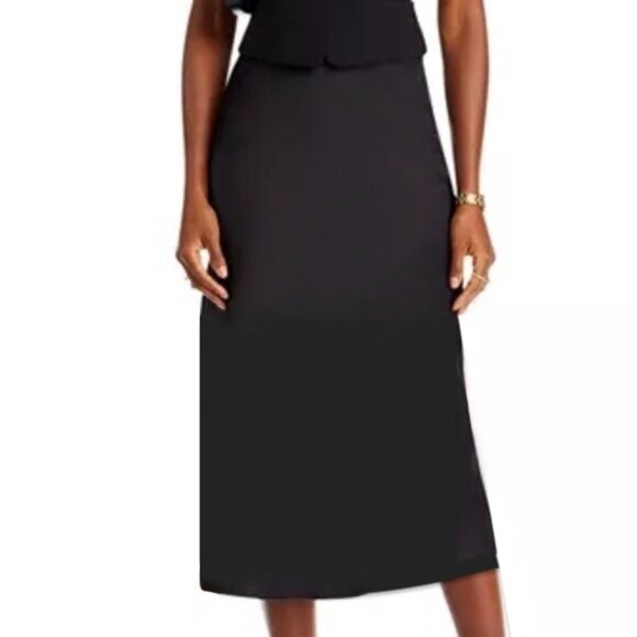 Brooks Brother Wm Sz 12 Black Satin-Look Pencil-Silhouette Midi-Skirt Slit Zip - Picture 1 of 9